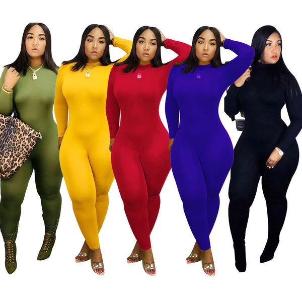Z066 autumn and winter European and American sexy women's clothing turtleneck long-sleeved trousers women's high-elastic jumpsuit