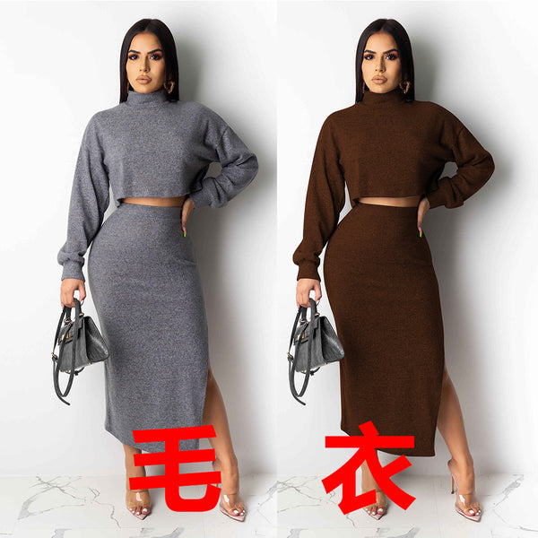 K8872 Hot Sale Sexy, turtleneck, long sleeves, open button, split skirt, two-piece nightclub suit