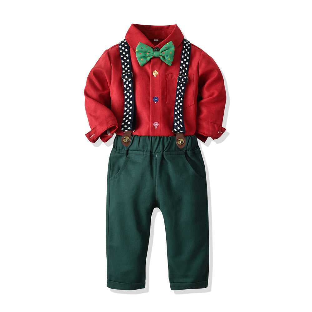Autum children's clothing boys multi-color shirt suspenders two-piece set christmas suit source