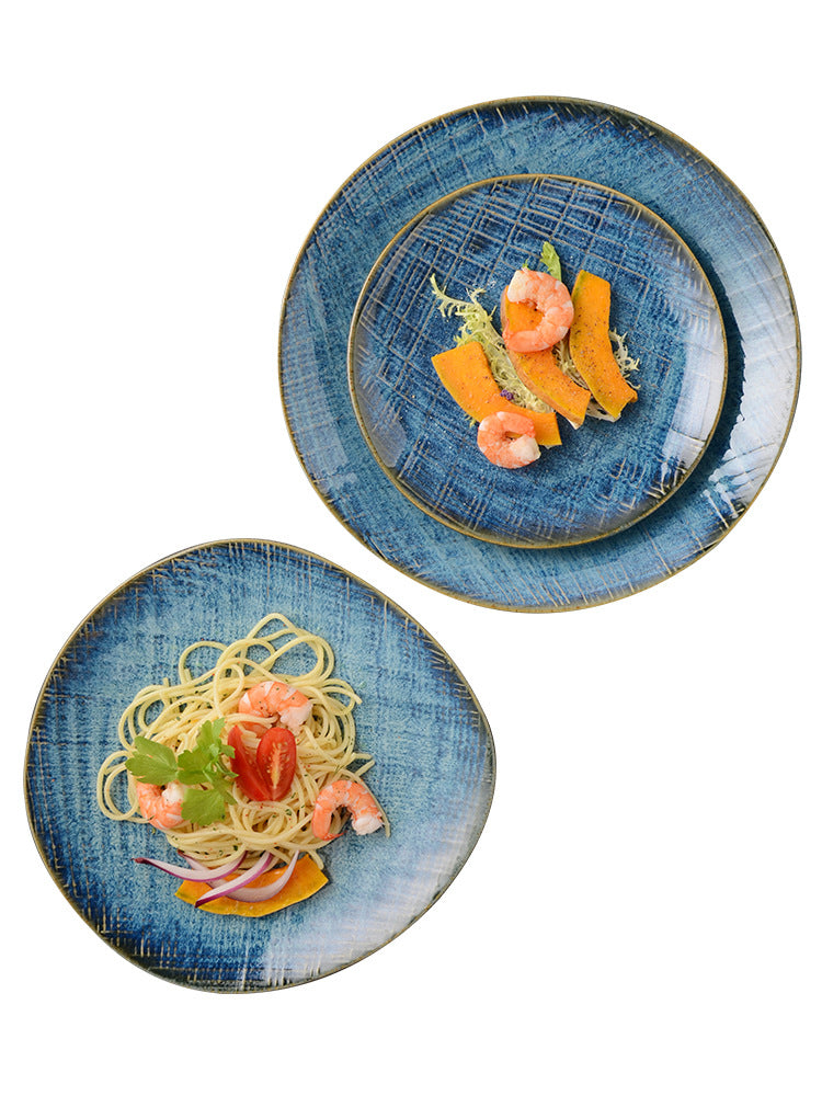 Creative japanese western food plate ceramic special-shaped shallow plate steak plate kiln-turned retro plate for home vegetable plate wholesale