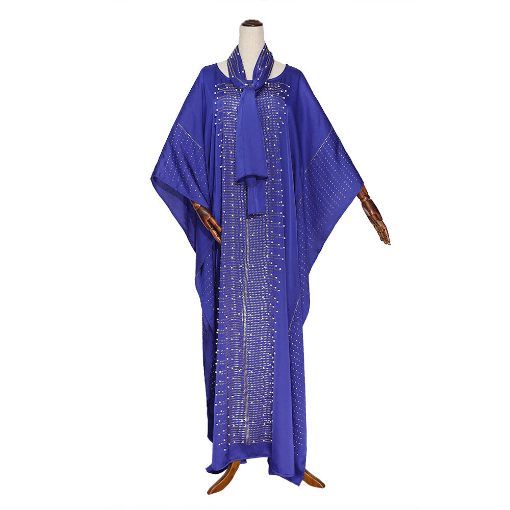 african plus size women's clothing heavy industry hot diamond beading silk satin round neck wide bat sleeve robe matching headscarf