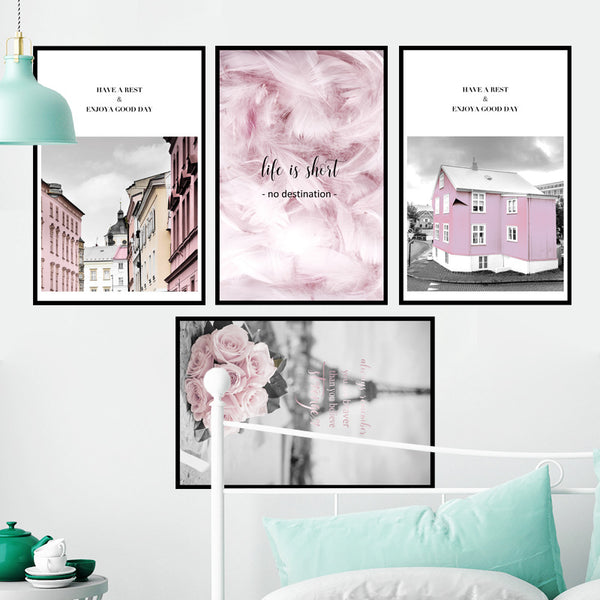 Wall sticker landscape literary and fresh pink bedroom background girlish heart Nordic wall ins decorative painting sticker self-adhesive