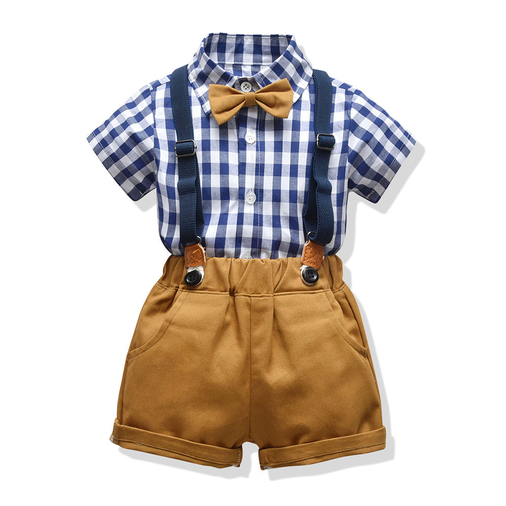Export children's clothing summernew arrival boys plaid short-sleeved shorts suitkids bow tie gentleman's wear kids shirt