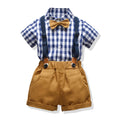 Export children's clothing summernew arrival boys plaid short-sleeved shorts suitkids bow tie gentleman's wear kids shirt