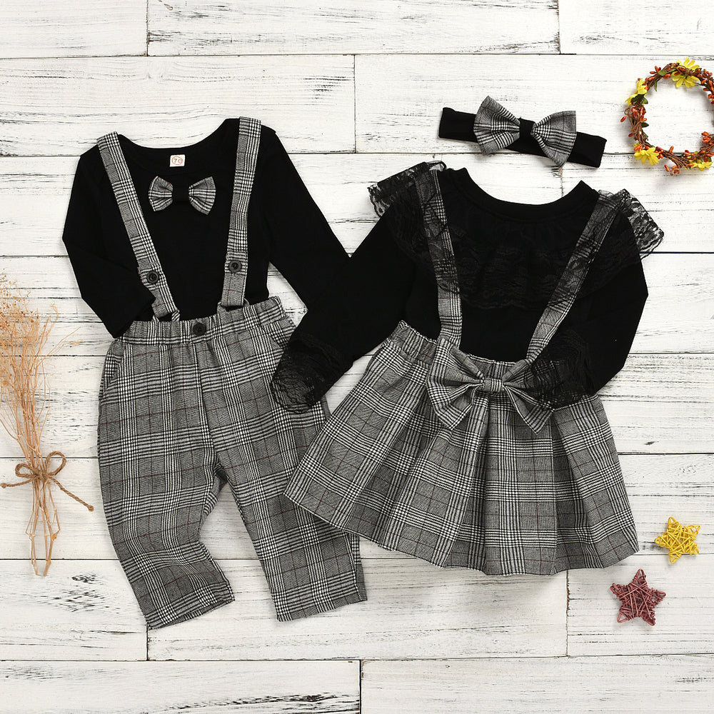 2020 spring/summer trendy european and american style matching outfit for boys and girls: plaid overalls with lace trim skirt pants - sister and brother set - cross-border supply