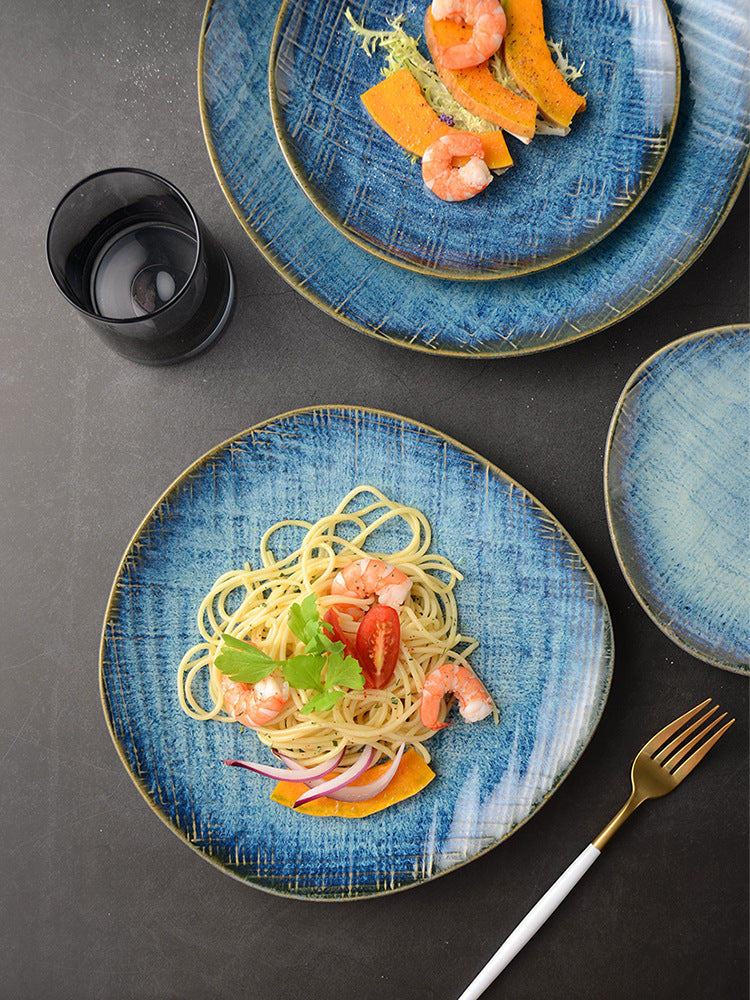 Creative japanese western food plate ceramic special-shaped shallow plate steak plate kiln-turned retro plate for home vegetable plate wholesale