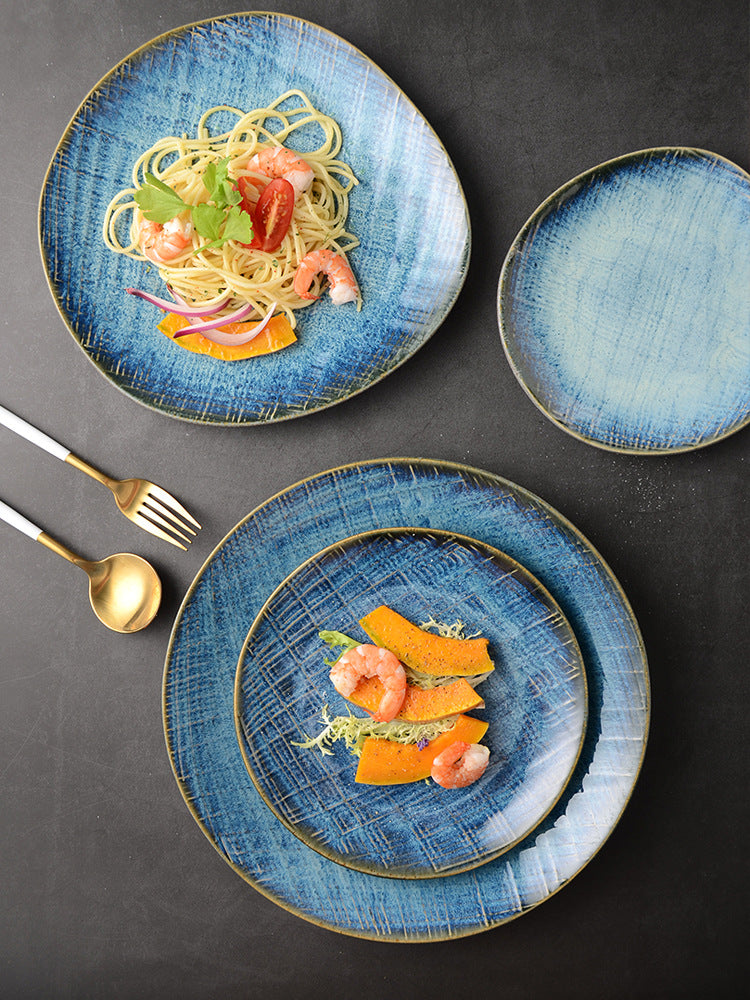 Creative japanese western food plate ceramic special-shaped shallow plate steak plate kiln-turned retro plate for home vegetable plate wholesale