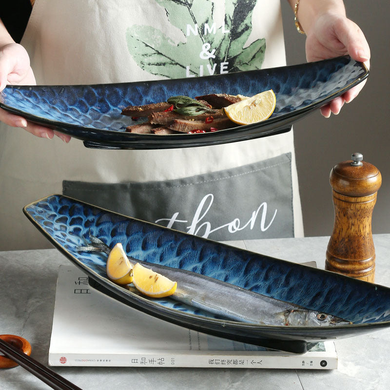 Japanese sashimi plate, large long plate, cold dish, dessert plate, fish plate, ceramic boat-shaped creative kiln-turned sushi plate