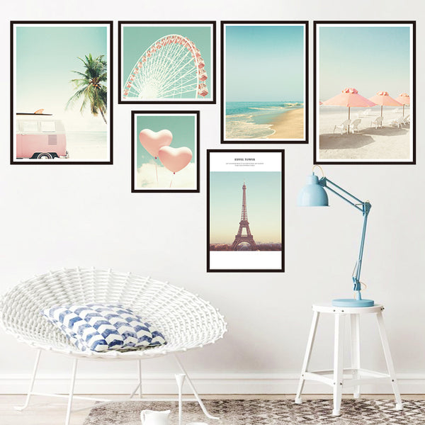 Wall sticker pink fresh ins scenery bedroom sticker living room bedroom warm and simple decorative painting, coconut sea breeze
