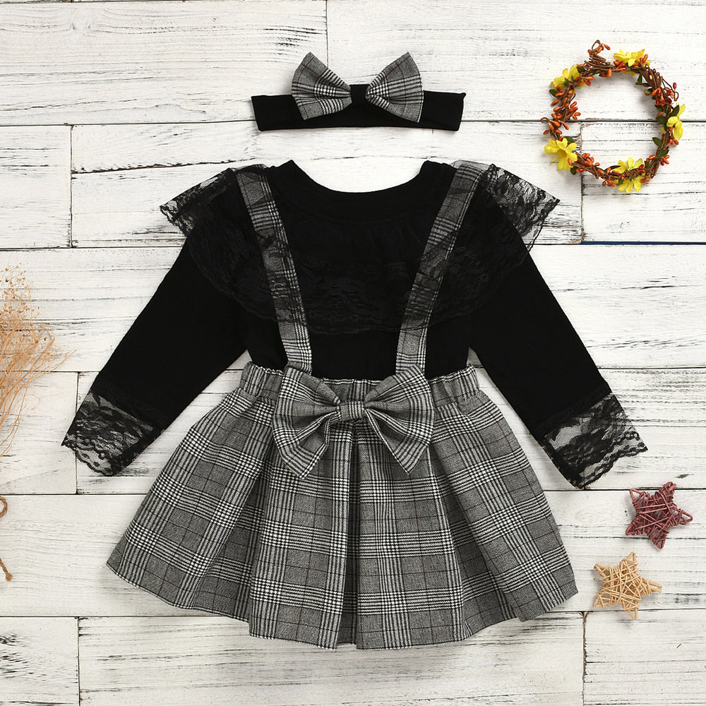 2020 spring/summer trendy european and american style matching outfit for boys and girls: plaid overalls with lace trim skirt pants - sister and brother set - cross-border supply
