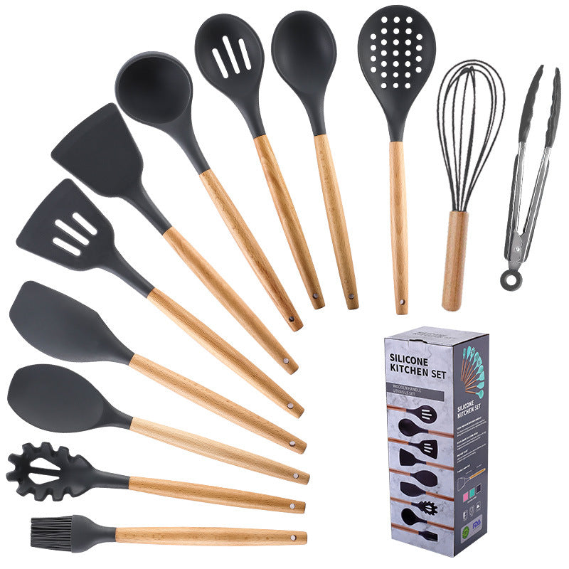in stock wooden handle silicone 12-piece suitfor home kitchenware non-stick cooking spatula spoon baking kitchenware