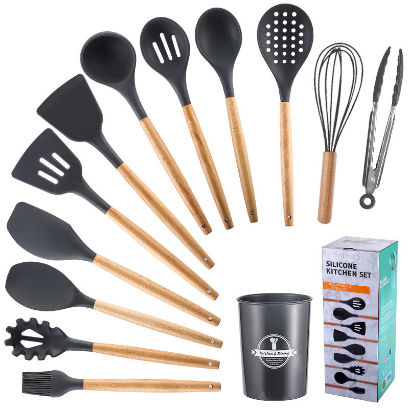 in stock wooden handle silicone 12-piece suitfor home kitchenware non-stick cooking spatula spoon baking kitchenware