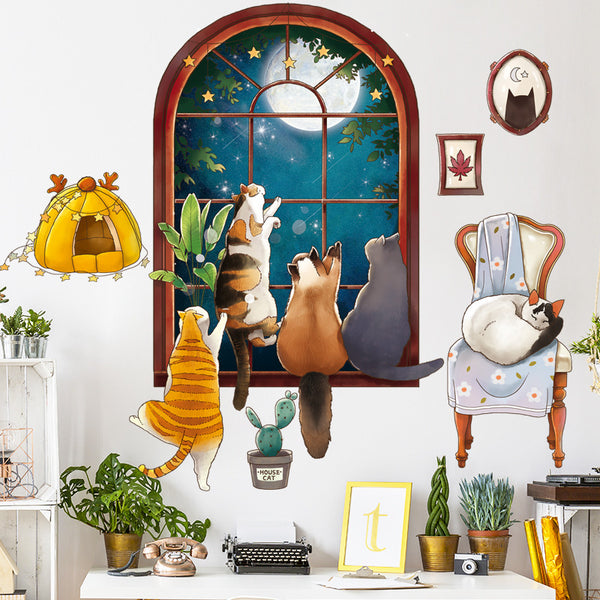 Wall sticker cartoon cat night sky window background children's room self-adhesive bedroom wall wallpaper hand-painted personality, by light