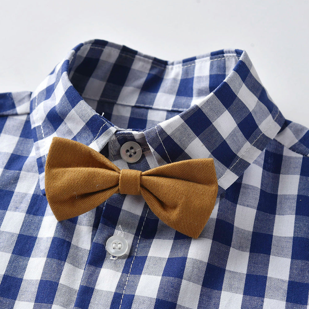 Export children's clothing summernew arrival boys plaid short-sleeved shorts suitkids bow tie gentleman's wear kids shirt