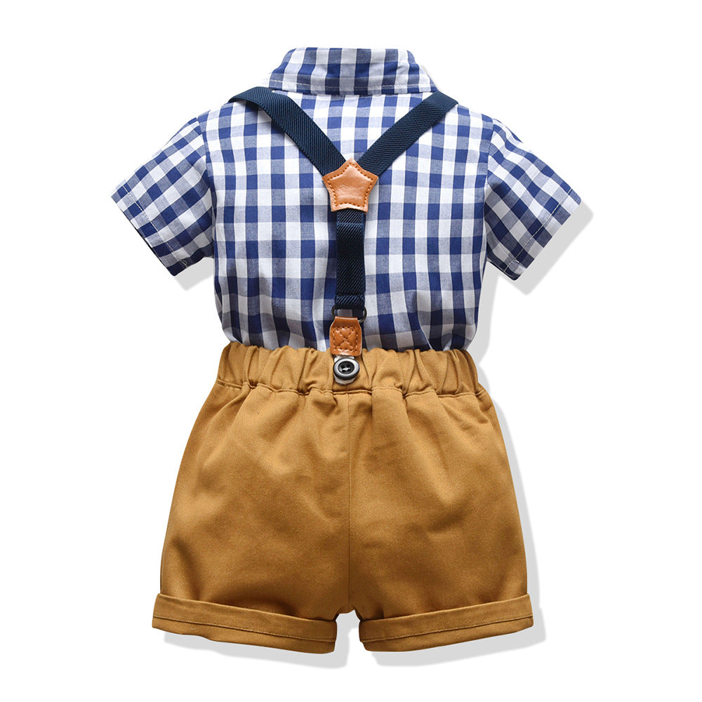 Export children's clothing summernew arrival boys plaid short-sleeved shorts suitkids bow tie gentleman's wear kids shirt