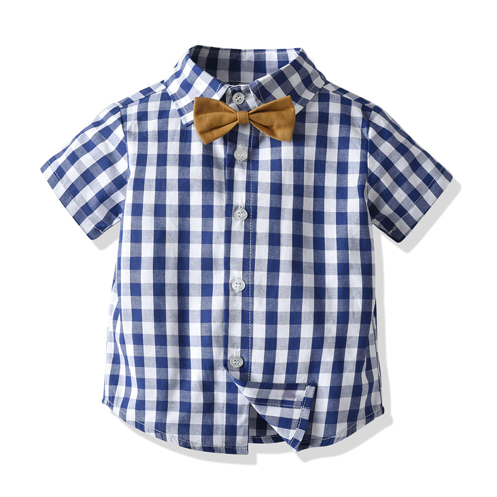 Export children's clothing summernew arrival boys plaid short-sleeved shorts suitkids bow tie gentleman's wear kids shirt