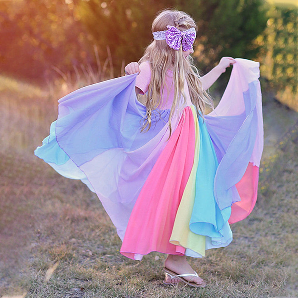 Wholesale summer new arrivals: girls' short-sleeve rainbow patchwork mesh dress - rainbow princess dress for girls