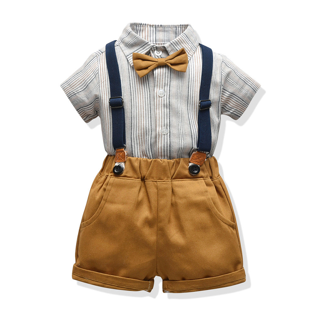 New korean style boys' summer outfit: short-sleeve striped shirt and overalls set for mid-to-large children, perfect for first birthday celebrations - wholesale direct from the manufacturer