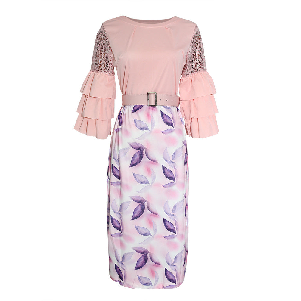 Aliexpress  round neck socialite lace patchwork leaf print slim fit dress european and american foreign trade plus size women's clothing