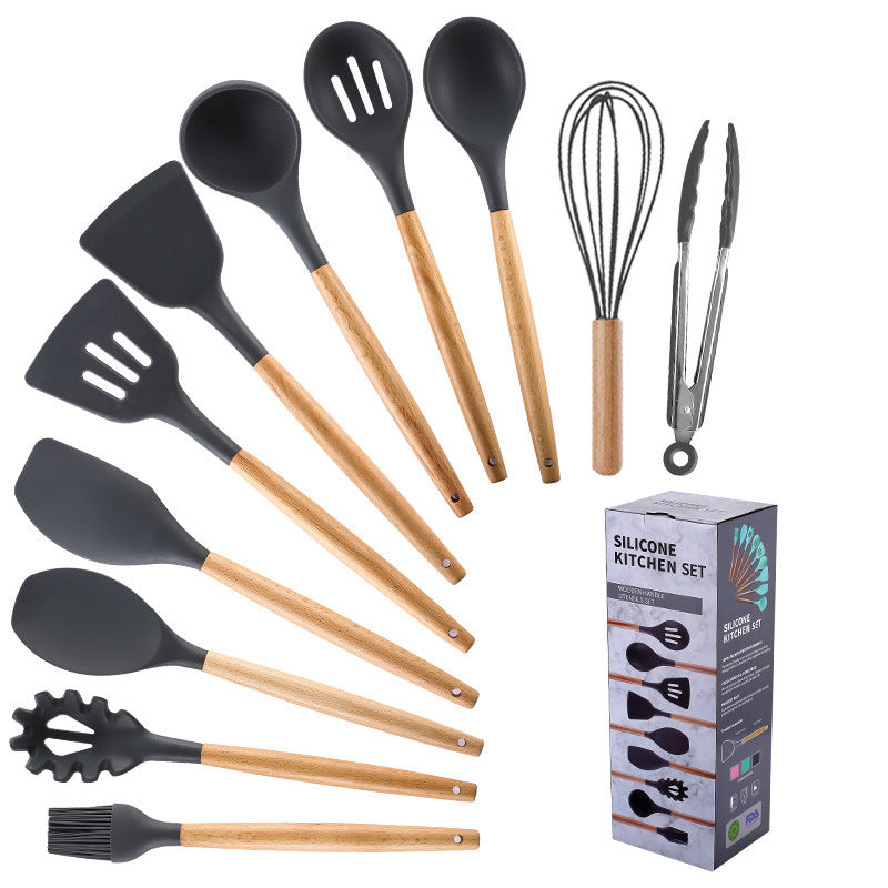 in stock wooden handle silicone 12-piece suitfor home kitchenware non-stick cooking spatula spoon baking kitchenware