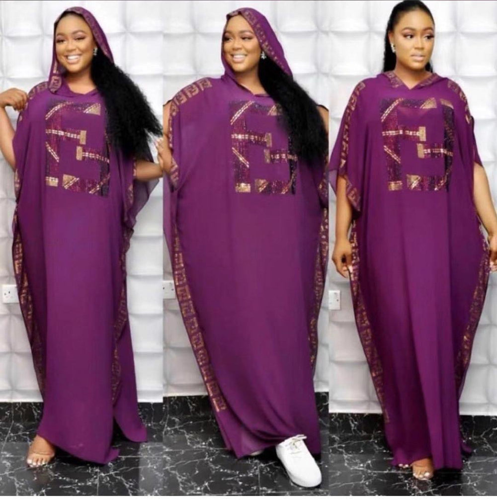 supply  african plus size women's clothing hot diamond chiffon bat sleeve hoodie dress