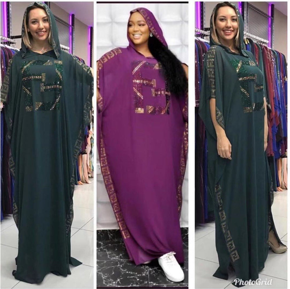 supply  african plus size women's clothing hot diamond chiffon bat sleeve hoodie dress