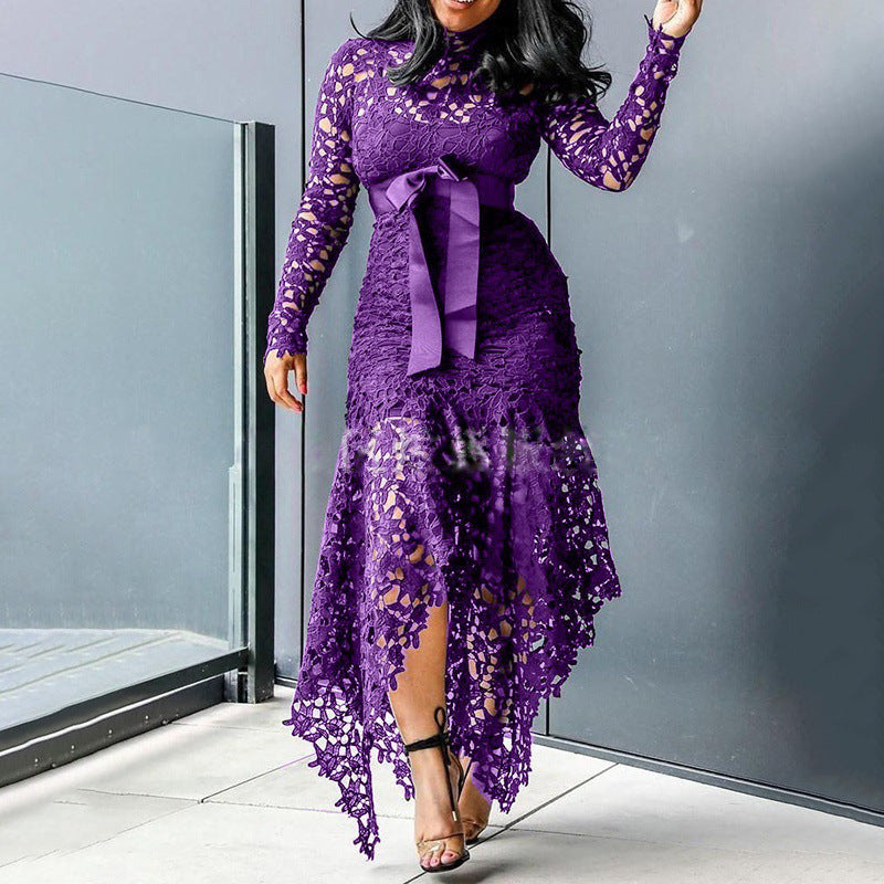 new european and american style women's export dress -  lace hollow-out long sleeve stand collar tie-up irregular dress in 5 colors