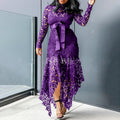 new european and american style women's export dress -  lace hollow-out long sleeve stand collar tie-up irregular dress in 5 colors