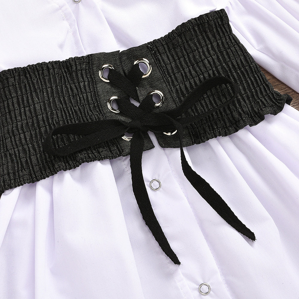 European and american style girls' outfit: woven cotton v-neck cardigan + elastic denim tie-waist set - cross-border exclusive