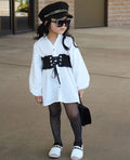 European and american style girls' outfit: woven cotton v-neck cardigan + elastic denim tie-waist set - cross-border exclusive