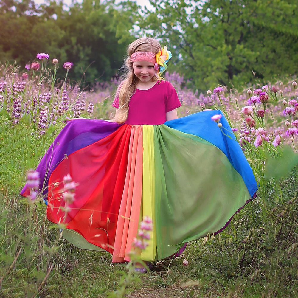 Wholesale summer new arrivals: girls' short-sleeve rainbow patchwork mesh dress - rainbow princess dress for girls