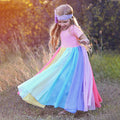 Wholesale summer new arrivals: girls' short-sleeve rainbow patchwork mesh dress - rainbow princess dress for girls