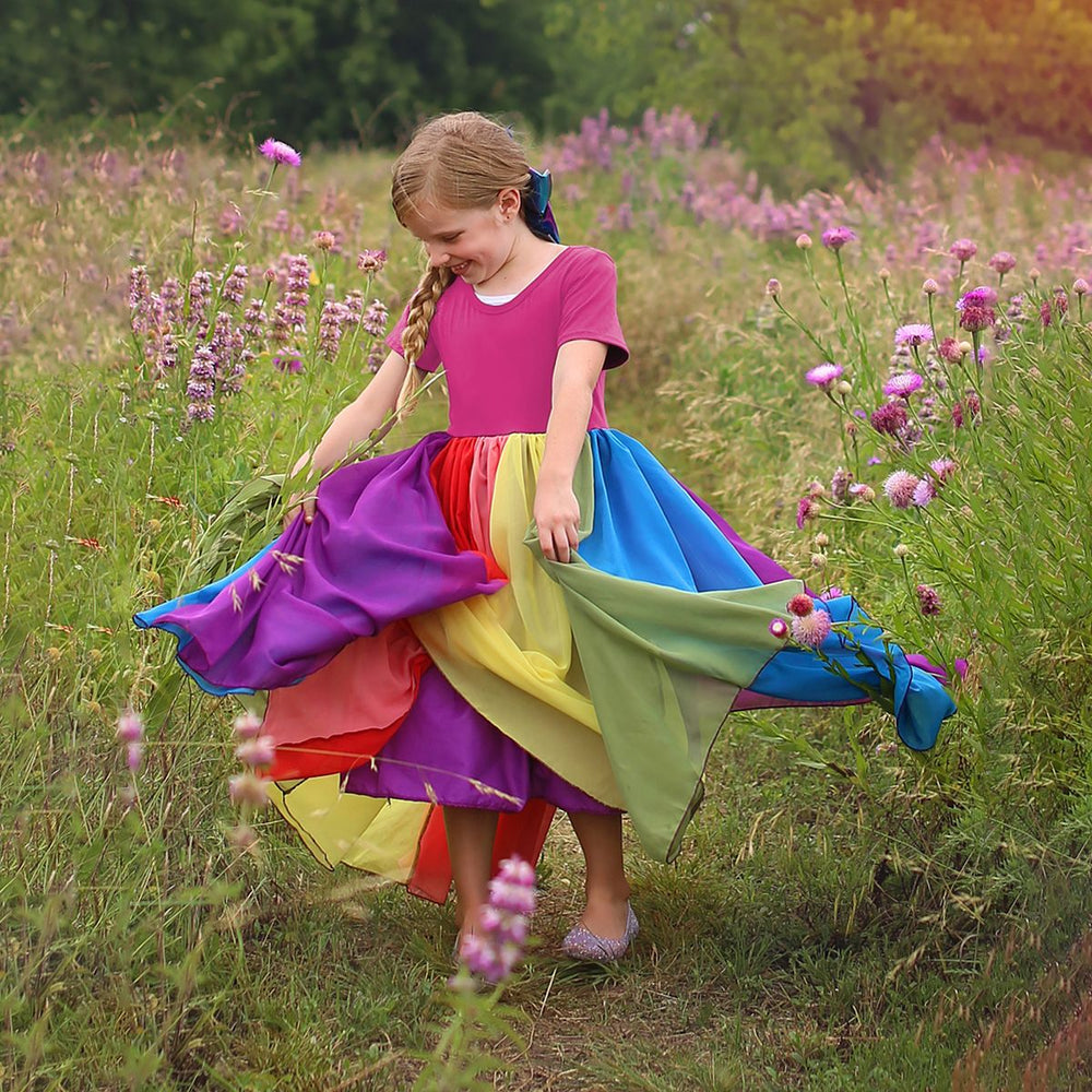 Wholesale summer new arrivals: girls' short-sleeve rainbow patchwork mesh dress - rainbow princess dress for girls