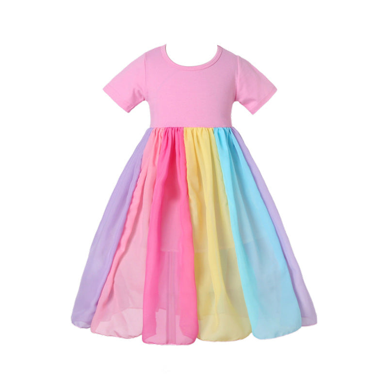 Wholesale summer new arrivals: girls' short-sleeve rainbow patchwork mesh dress - rainbow princess dress for girls