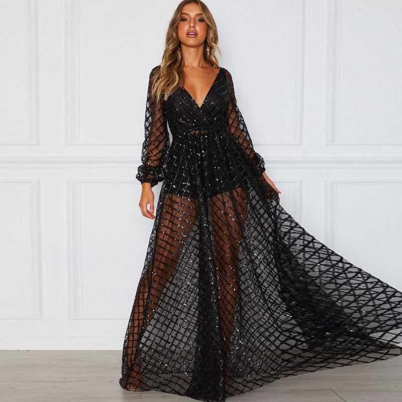 summer new arrivals: european and american style sexy v-neck backless sequin mesh evening gown/maxi dress