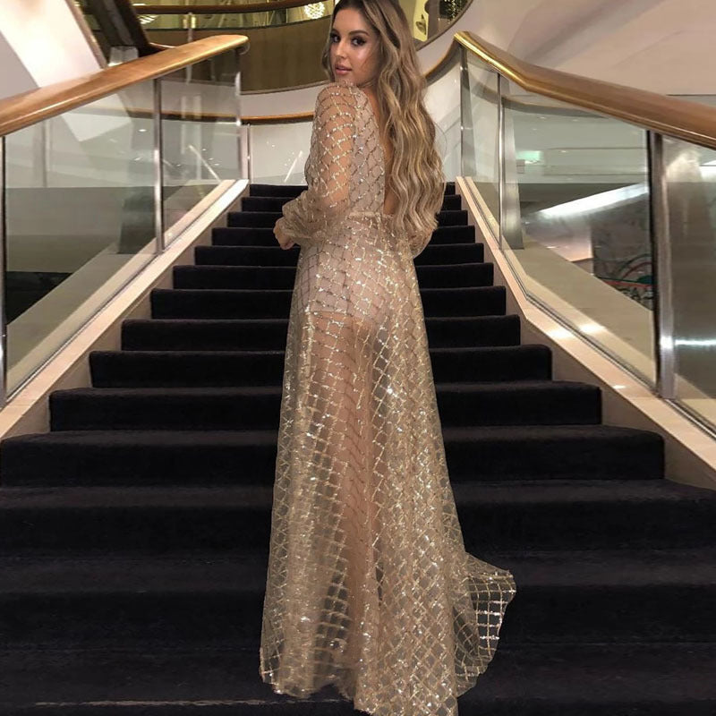 summer new arrivals: european and american style sexy v-neck backless sequin mesh evening gown/maxi dress