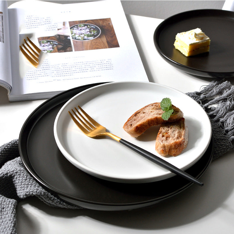 Creative matte black and white ceramic dinnerware set - plates, dishes, trays - perfect for home use, breakfast, cakes, western cuisine, and steak