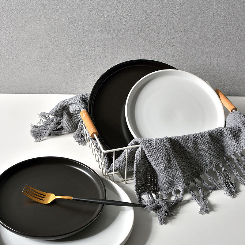 Creative matte black and white ceramic dinnerware set - plates, dishes, trays - perfect for home use, breakfast, cakes, western cuisine, and steak