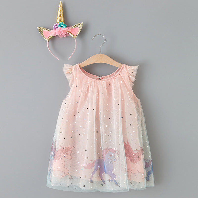 Hot-selling girls' star mesh gradient dress for foreign trade, featuring a cartoon my little pony print princess dress, and comes with a unicorn headband