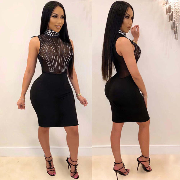 K8878 European and American sexy, hot diamond perspective, turtleneck dress nightclub clothes