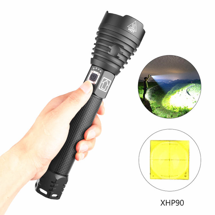 Cross-border P90 telescopic zoom outdoor flashlight new USB charging, power display aluminum alloy XHP70 flashlight
