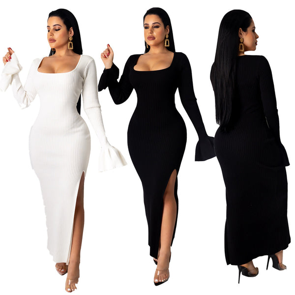 Z069 European and American sexy women's clothing  supply large U-neck long-sleeved threaded split women's evening dress dress
