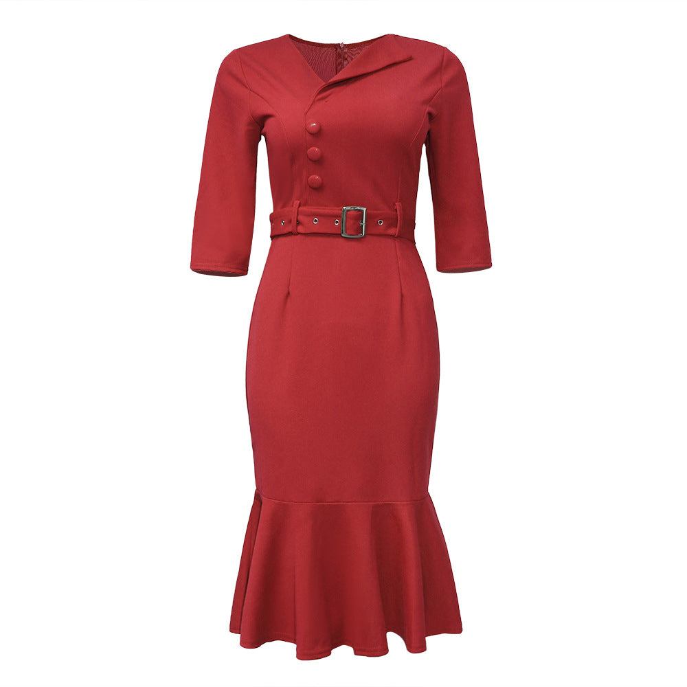 sourcing:  &  - plus size african women's v-neck ruffle hem dress with side button detail