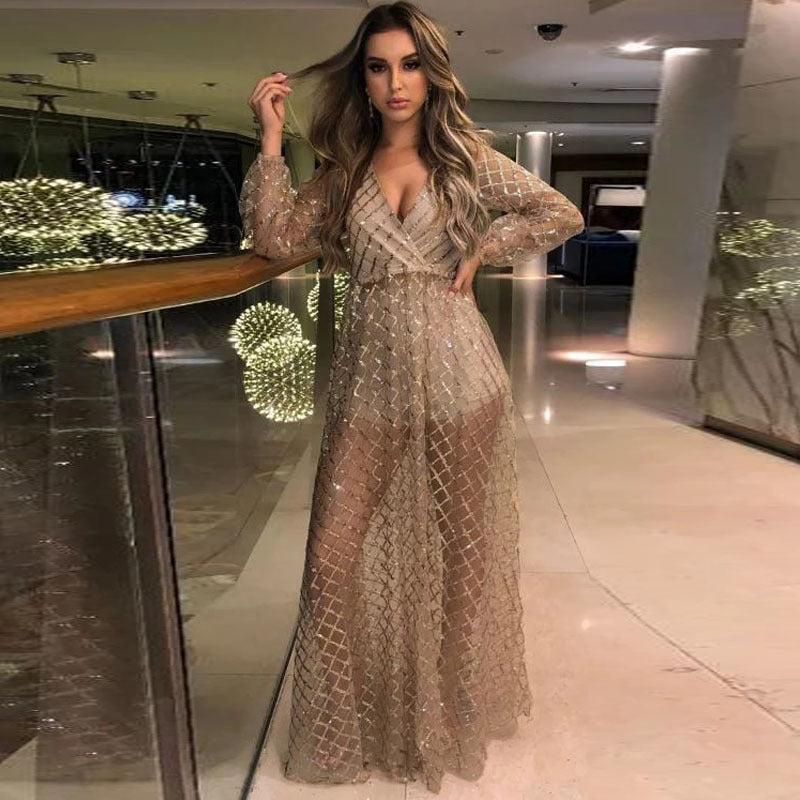 summer new arrivals: european and american style sexy v-neck backless sequin mesh evening gown/maxi dress