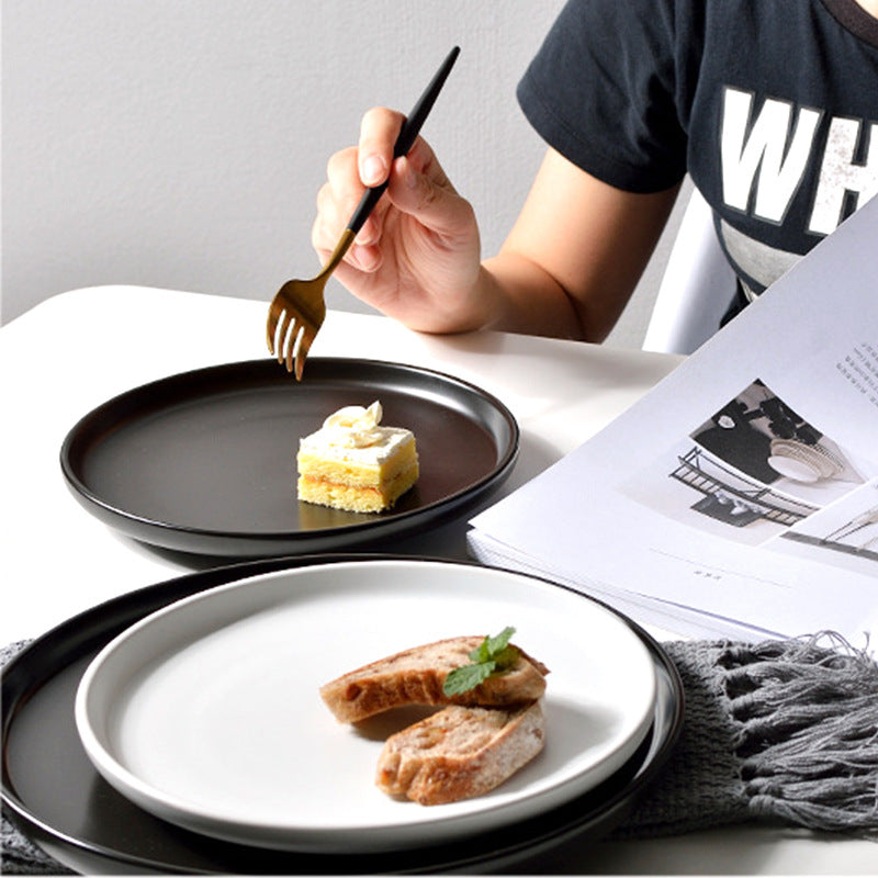 Creative matte black and white ceramic dinnerware set - plates, dishes, trays - perfect for home use, breakfast, cakes, western cuisine, and steak