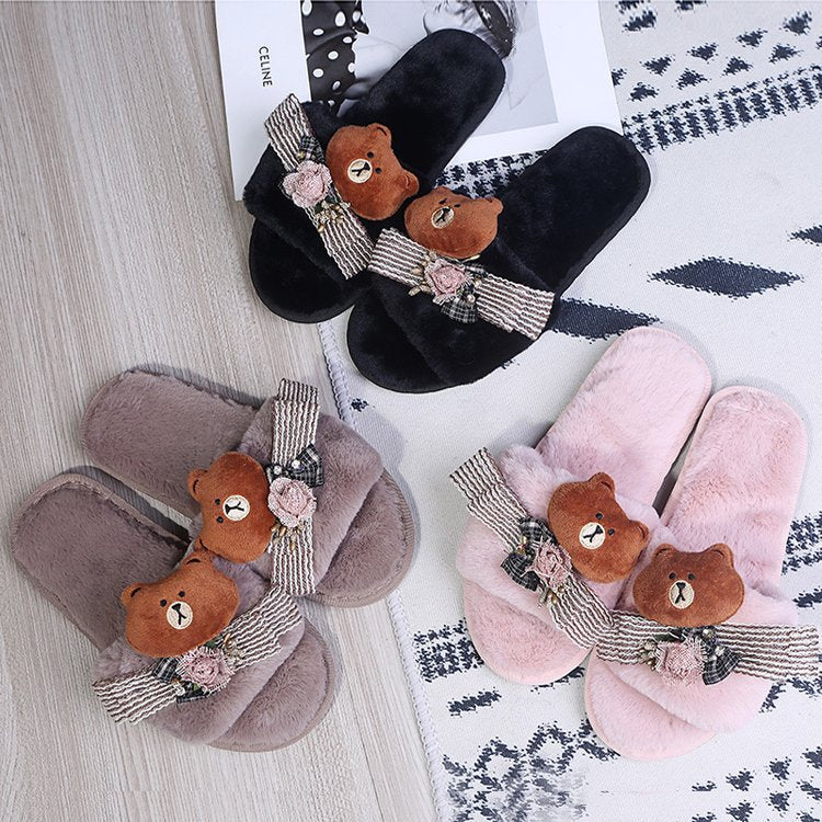2024 cute bear couple cotton slippers warm open toe indoor home linen slippers autumn and winter women's cotton slippers wholesale
