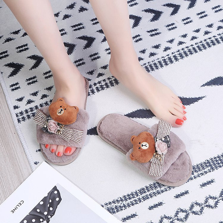 2024 cute bear couple cotton slippers warm open toe indoor home linen slippers autumn and winter women's cotton slippers wholesale