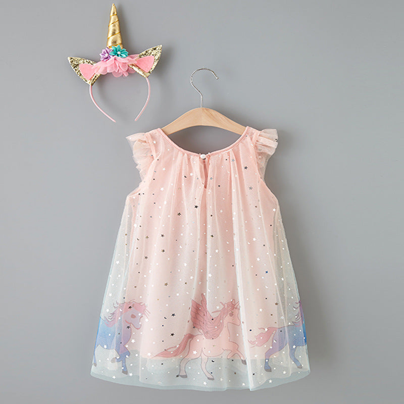 Hot-selling girls' star mesh gradient dress for foreign trade, featuring a cartoon my little pony print princess dress, and comes with a unicorn headband