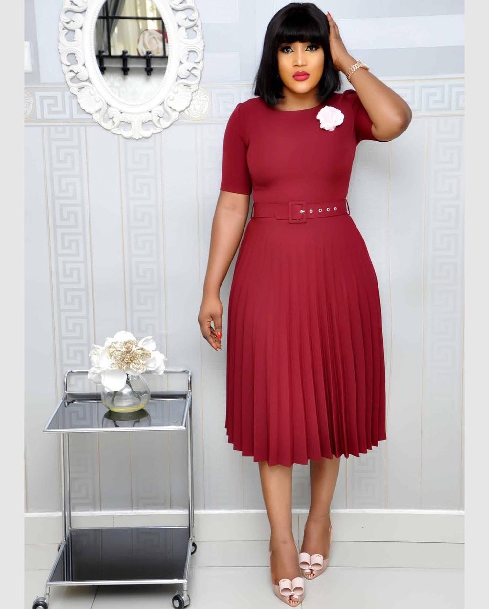 Belted european and american style new summer  round neck midi pleated skirt plus size african cross-border dress