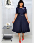 Belted european and american style new summer  round neck midi pleated skirt plus size african cross-border dress